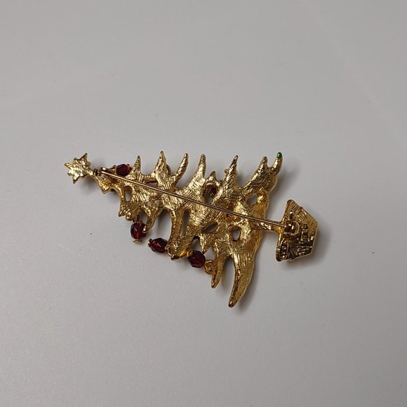 Green And Gold Tone Christmas Tree Brooch With Red Dangling Ornaments - Picture 8 of 11